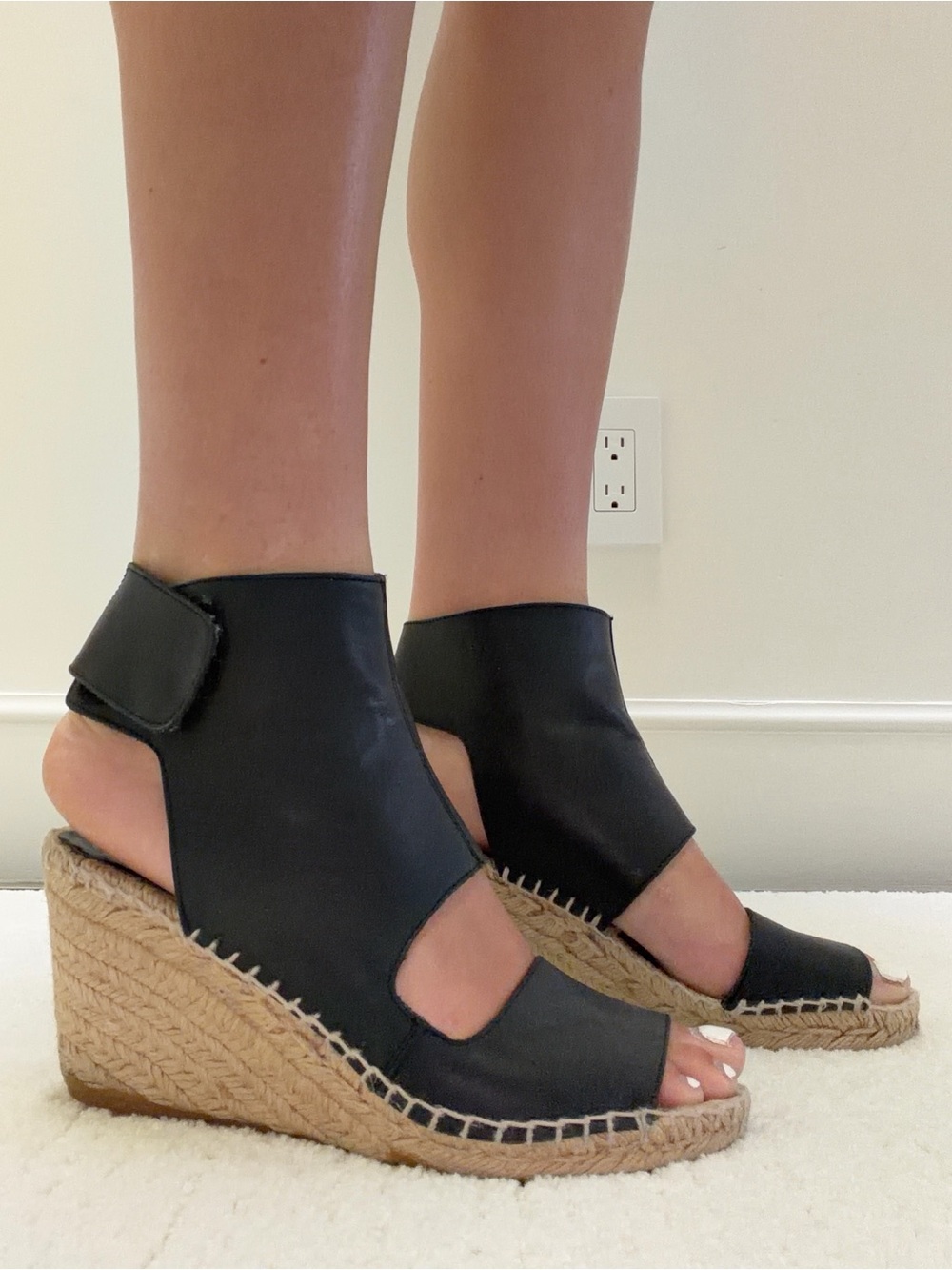 Vince Black Leather Espadrille Wedge Sandals
